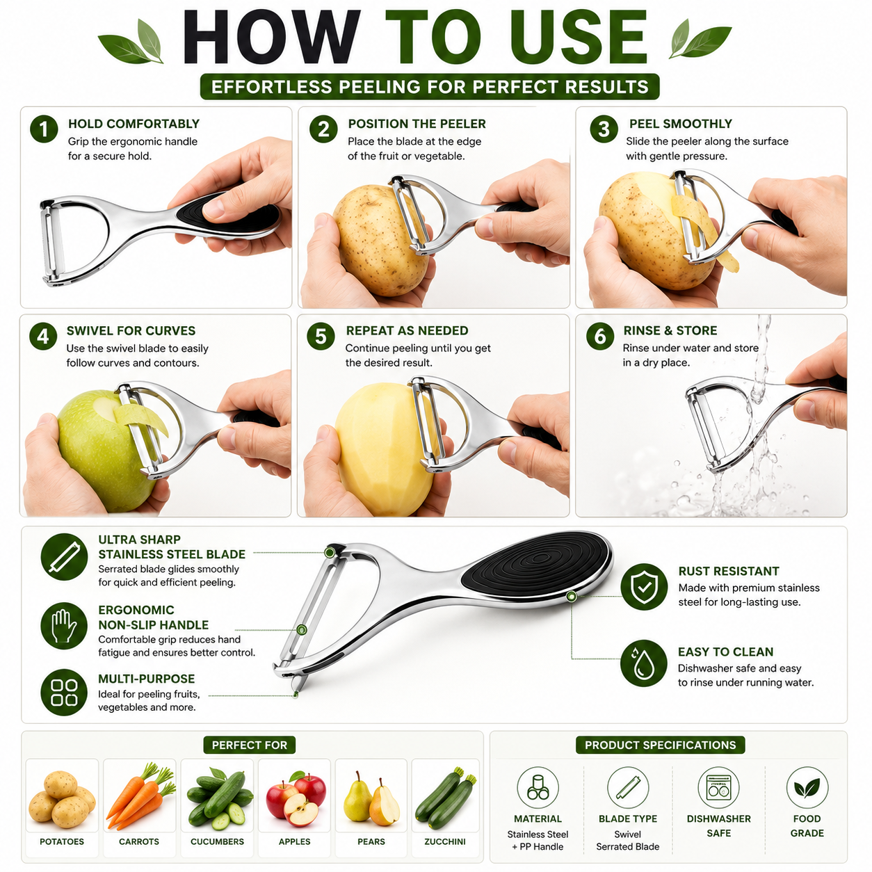 Premium Stainless Steel Swivel Vegetable Peeler
