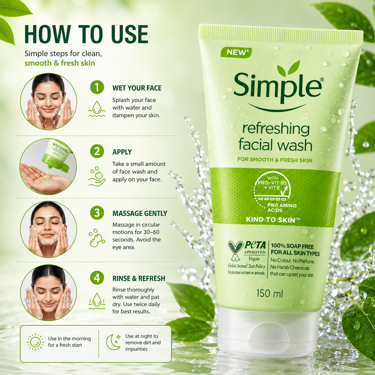 Simple Refreshing Facial Wash 150ml Pro-Vitamin B5 & Vitamin E