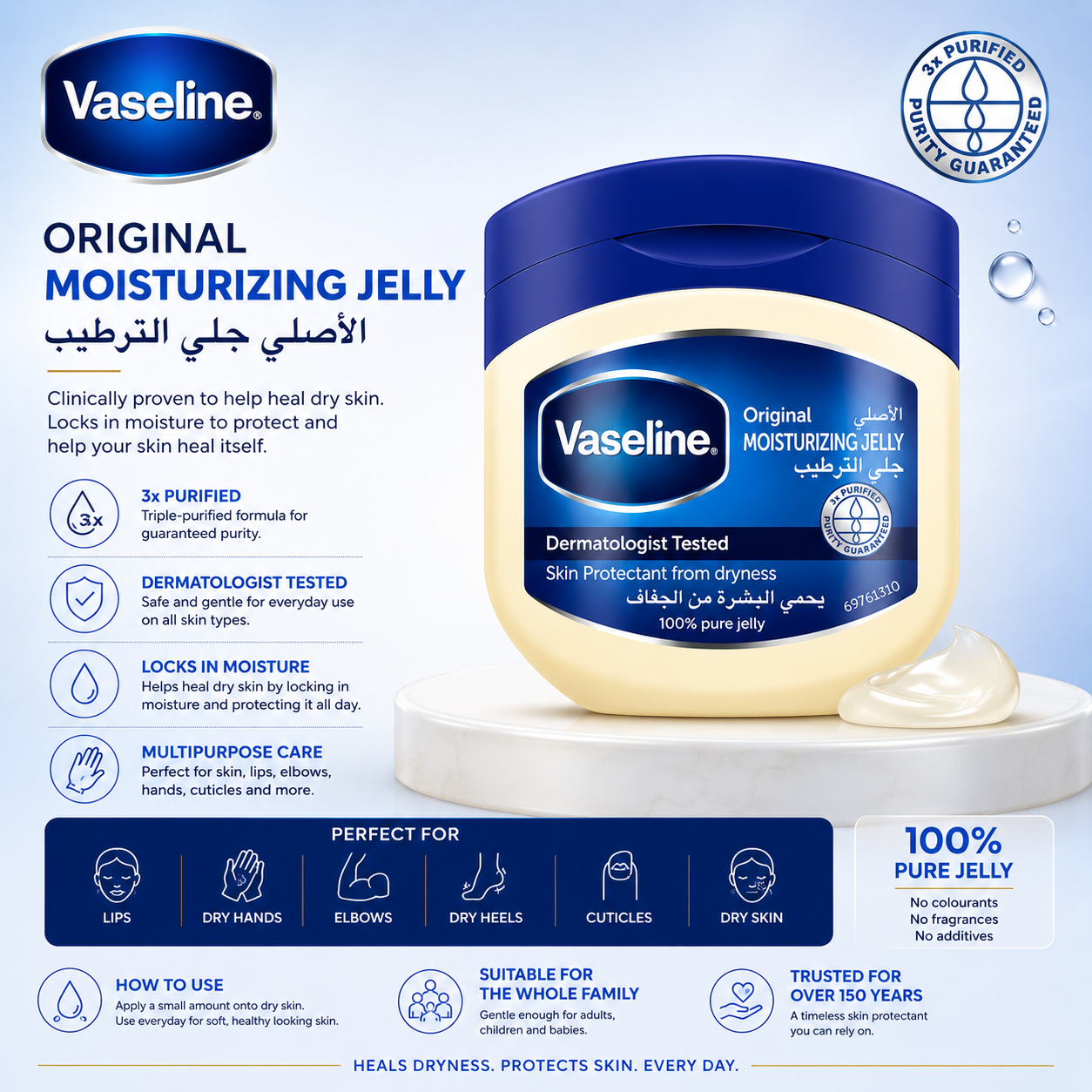 Vaseline Original Moisturizing Jelly – 100% Pure Petroleum Jelly for Dry Skin
